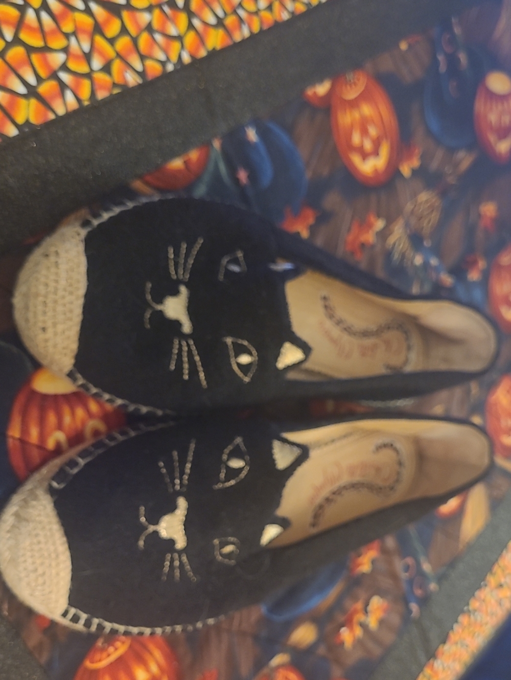 Charlotte Olympia Black Cat Espadrille Slip-Ons with Natural Toe Caps